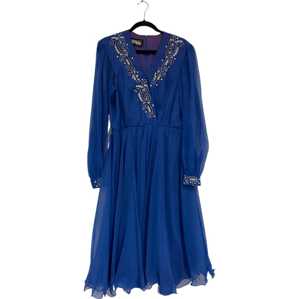 Ursula of Switzerland Blue Chiffon Sequined Lined Overlap V Neck Dress Size 16